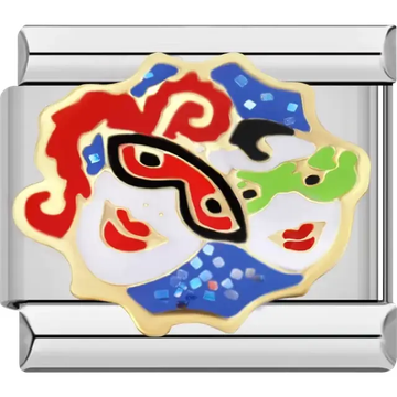 Red and green theater masks with blue and gold accents Italian charm bracelet link