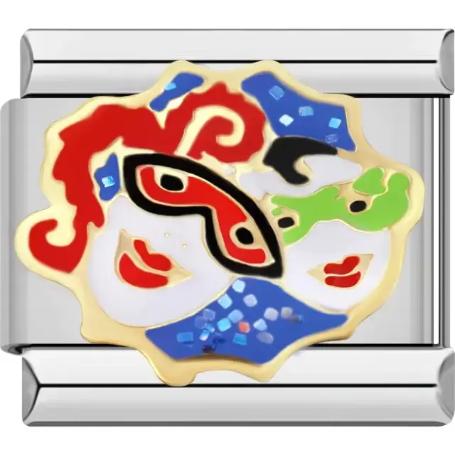 Red and green theater masks with blue and gold accents Italian charm bracelet link