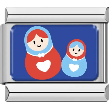 Red and blue matryoshka dolls with white hearts on blue background Italian charm bracelet link