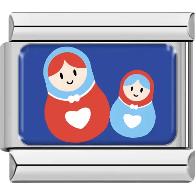 Red and blue matryoshka dolls with white hearts on blue background Italian charm bracelet link