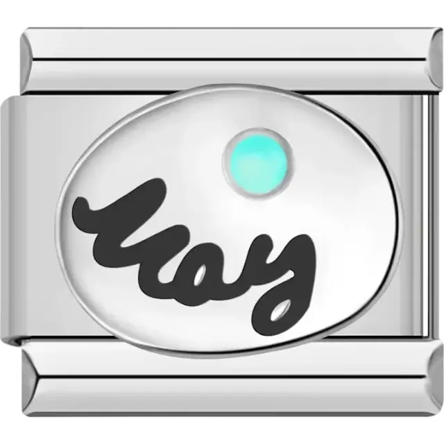 "May" text with an emerald-inspired birthstone in an oval detail Italian charm bracelet link