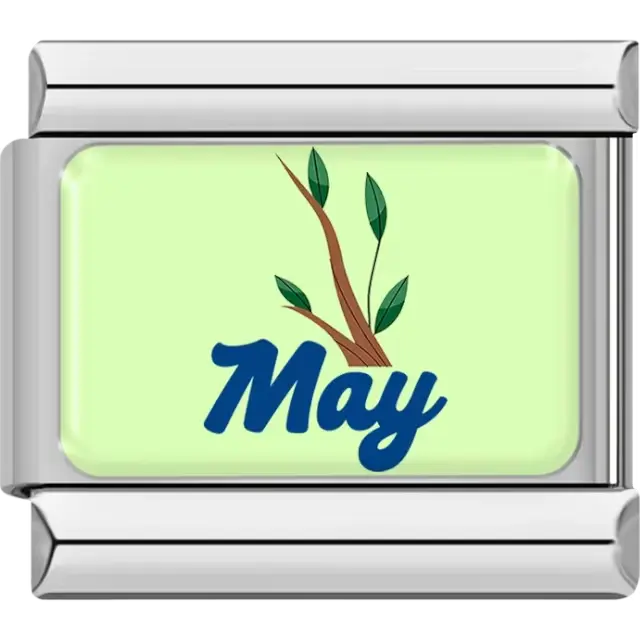 Brown branch with green leaves and "May" in blue on light green background Italian charm bracelet link
