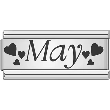 Black text spelling "May" surrounded by small and large black hearts Italian charm bracelet link