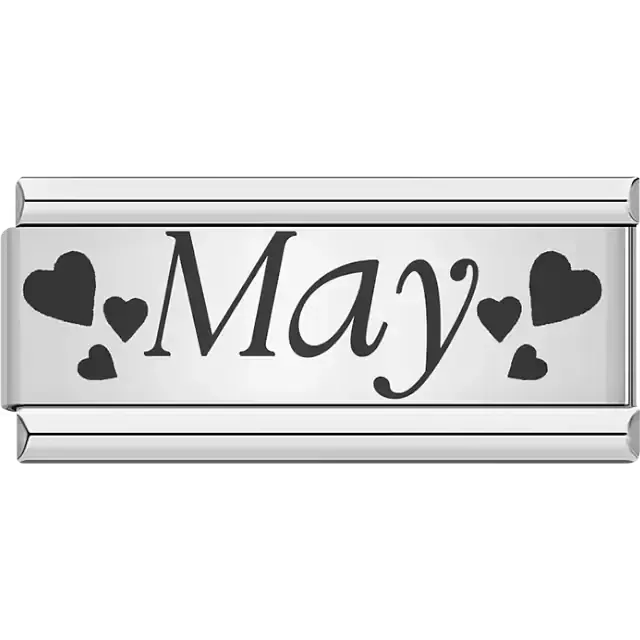Black text spelling "May" surrounded by small and large black hearts Italian charm bracelet link