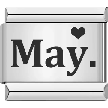 Black "May" text with a black heart Italian charm bracelet link