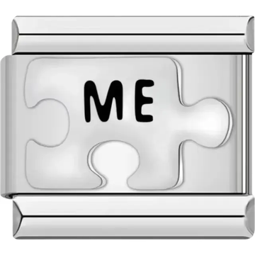 Black "ME" text on a puzzle piece design Italian charm bracelet link