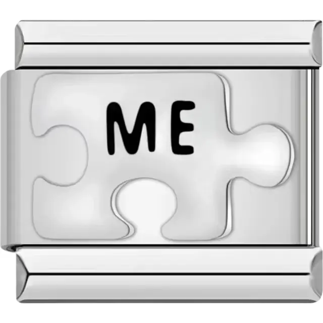 Black "ME" text on a puzzle piece design Italian charm bracelet link