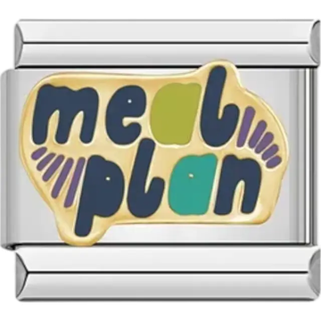 Gold "meal plan" text in multicolor design Italian charm bracelet link