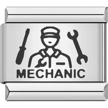 Black mechanic figure with a screwdriver and wrench above bold "MECHANIC" text Italian charm bracelet link