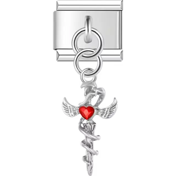 Caduceus medical symbol with a red heart accent dangle Italian charm bracelet link