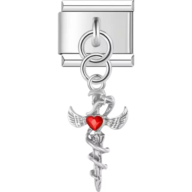 Caduceus medical symbol with a red heart accent dangle Italian charm bracelet link