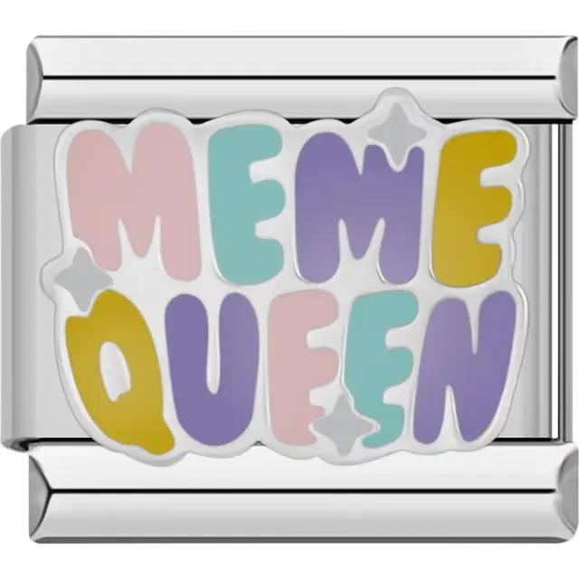 Pastel-colored "MEME QUEEN" text in pink yellow purple and teal with silver stars Italian charm bracelet link
