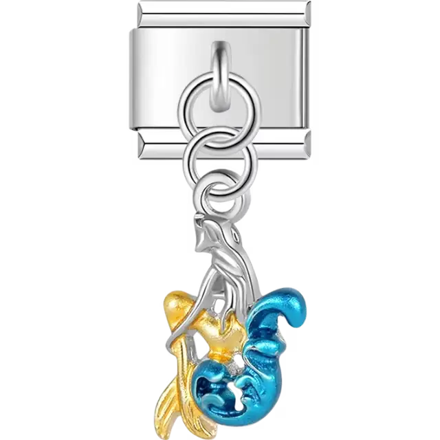 Silver mermaid with blue wave and yellow star dangle design Italian charm bracelet link