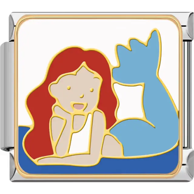 Red-haired mermaid blue tail gold accents Italian charm bracelet link