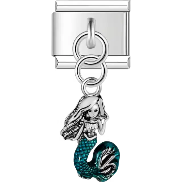 Teal mermaid figure dangle Italian charm bracelet link