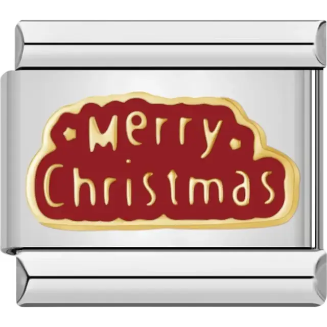 Red Merry Christmas text with gold border Italian charm bracelet link