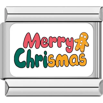 "Merry Christmas" text in red, green, and yellow with a gingerbread man design Italian charm bracelet link