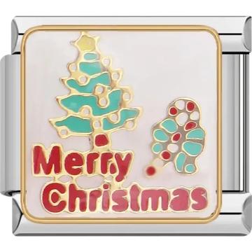 Christmas tree with “Merry Christmas” text and candy cane Italian charm bracelet link