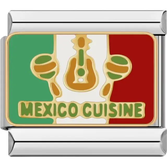 Green white and red flag background with maracas guitar and Mexico Cuisine text Italian charm bracelet link
