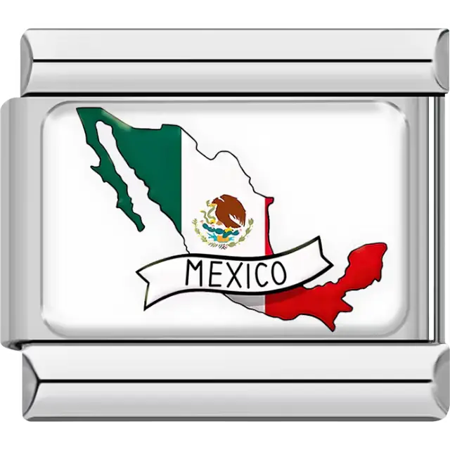 Map of Mexico in green, white, and red flag colors with national coat of arms and "MEXICO" banner Italian charm bracelet link