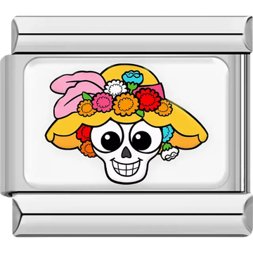 Mexico La Catrina with yellow hat pink ribbon and colorful flowers Italian charm bracelet link