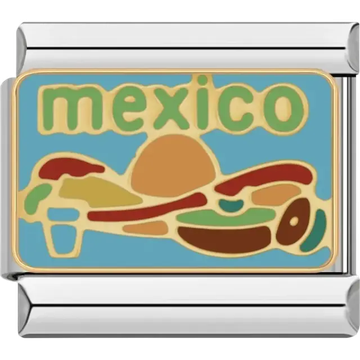 Colorful Mexico landscape with “Mexico” text on blue background Italian charm bracelet link