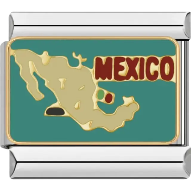 Gold-tone Mexico map with “Mexico” text on teal background Italian charm bracelet link