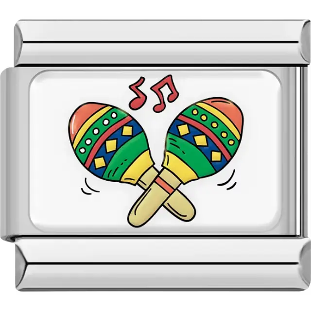 Colorful Mexico maracas with red green and blue patterns yellow handles and music notes Italian charm bracelet link