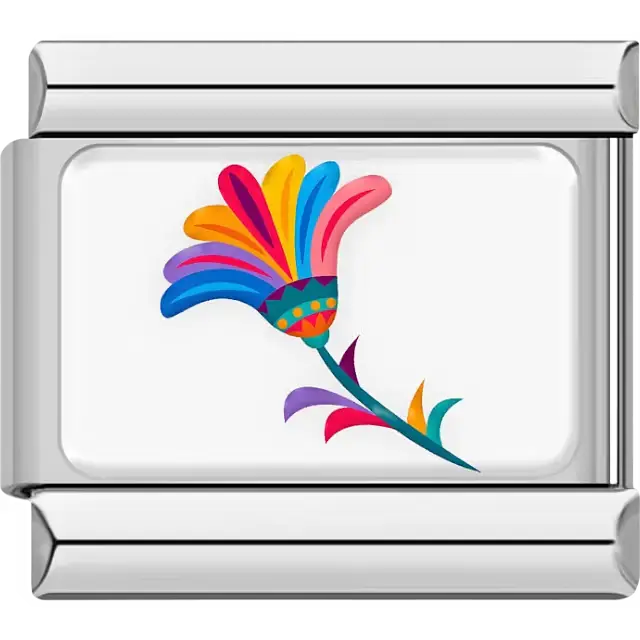 Colorful Mexico Otomi style flower with curved stem and multicolor petals Italian charm bracelet link