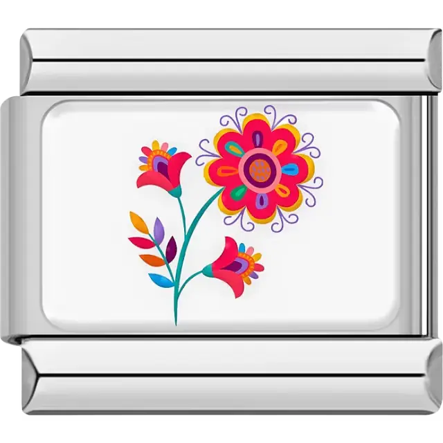 Colorful Mexico Otomi flowers with large and small petals curved green stems Italian charm bracelet link
