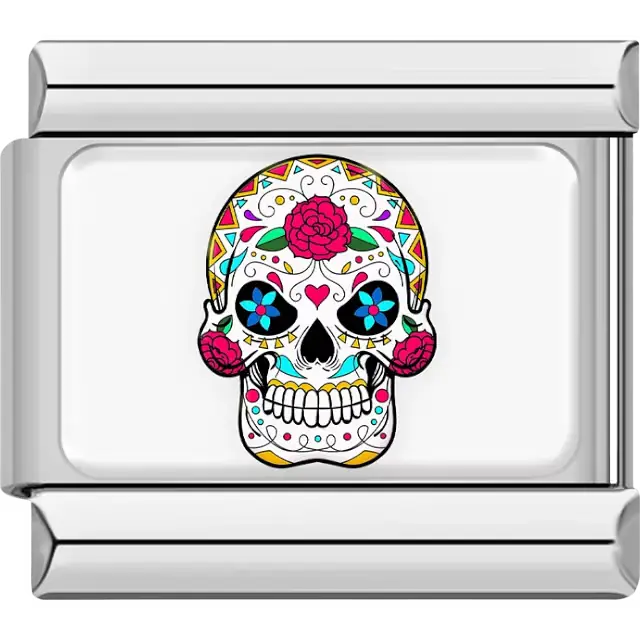 Multicolor Mexico sugar skull with red flowers heart and blue eyes Italian charm bracelet link