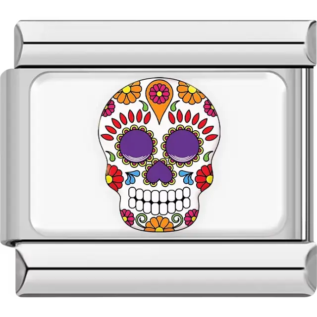 Multicolor Mexico sugar skull with purple eyes floral patterns Italian charm bracelet link