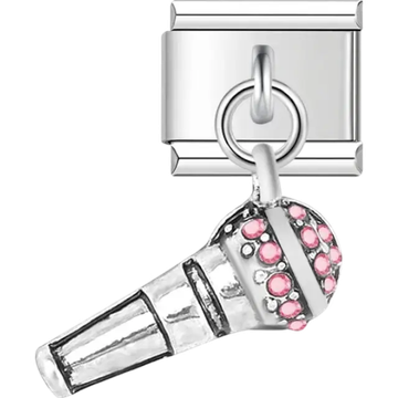 Silver microphone dangle with pink crystal accents Italian charm bracelet link