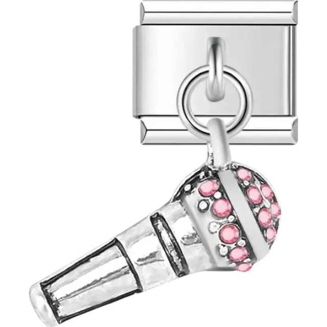 Silver microphone dangle with pink crystal accents Italian charm bracelet link