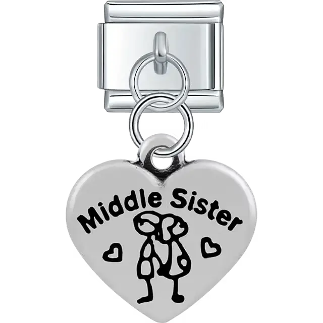 Heart with "Middle Sister" text girl stick figure hearts dangle Italian charm bracelet link