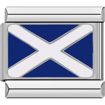 Blue flag with a white diagonal cross representing the Mike maritime flag, meaning "My vessel is stopped; making no way" Italian charm bracelet link