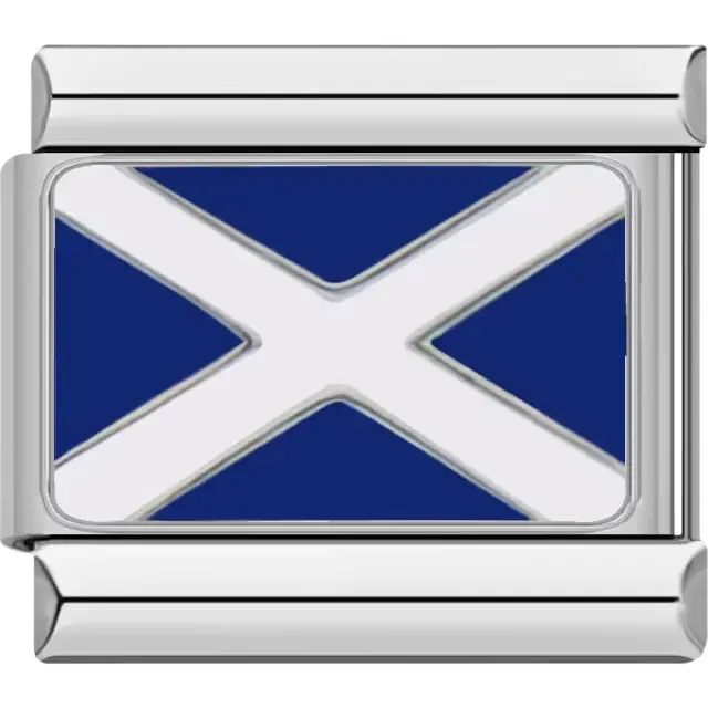 Blue flag with a white diagonal cross representing the Mike maritime flag, meaning "My vessel is stopped; making no way" Italian charm bracelet link