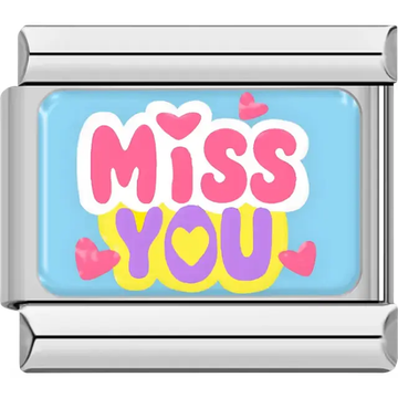 "Miss You" with hearts on blue Italian charm bracelet link