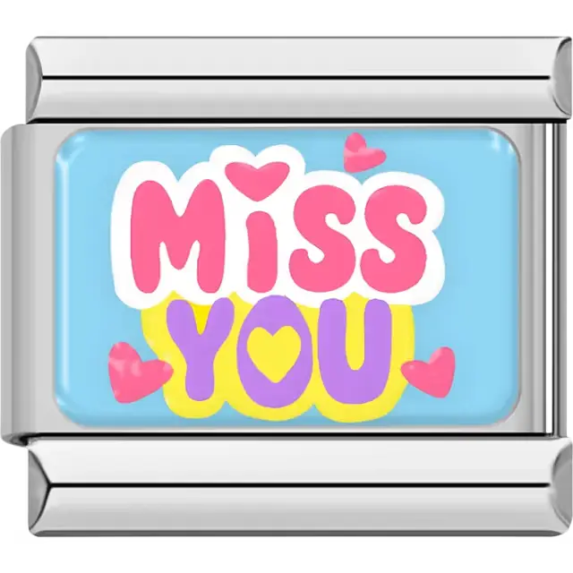 "Miss You" with hearts on blue Italian charm bracelet link