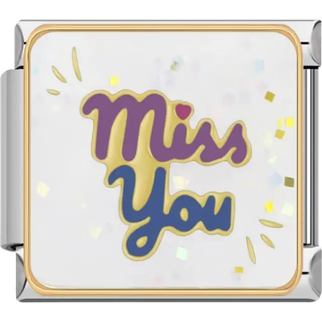 Purple and blue "Miss You" text with a small heart Italian charm bracelet link