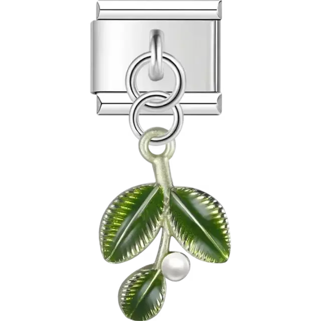 Green mistletoe design with a white pearl accent Italian charm bracelet link
