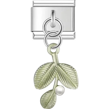 Green mistletoe design with a white pearl accent Italian charm bracelet link