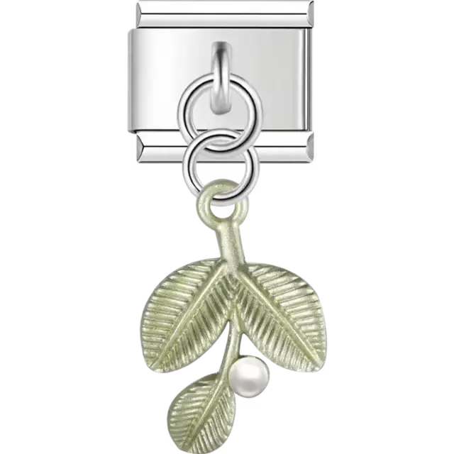 Green mistletoe design with a white pearl accent Italian charm bracelet link