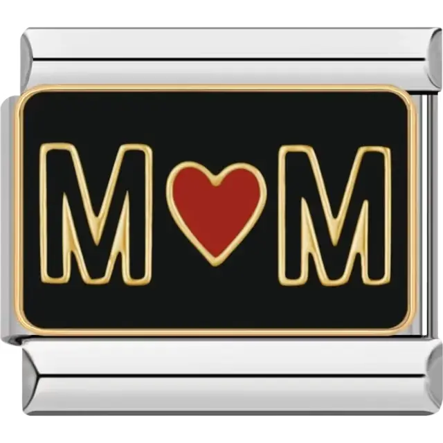 Gold-outlined "M❤️M" text on a black background Italian charm bracelet link