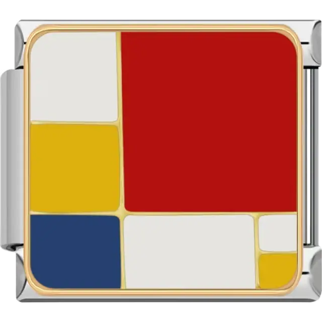 Abstract design with red, yellow, blue, and white color blocks framed by gold outlines Italian charm bracelet link
