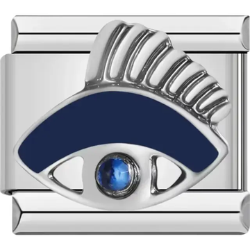Silver evil eye charm with navy blue detail and a blue crystal center Italian charm bracelet link
