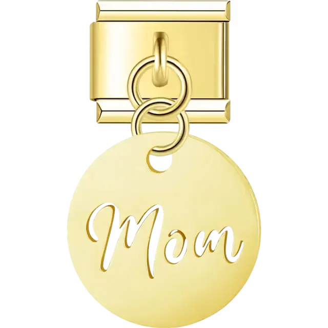 Round disc with "Mom" script engraving on dangle medal Italian charm bracelet link