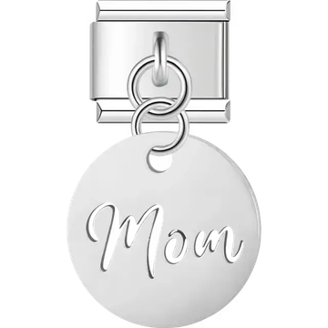 Round disc with "Mom" script engraving on dangle medal Italian charm bracelet link