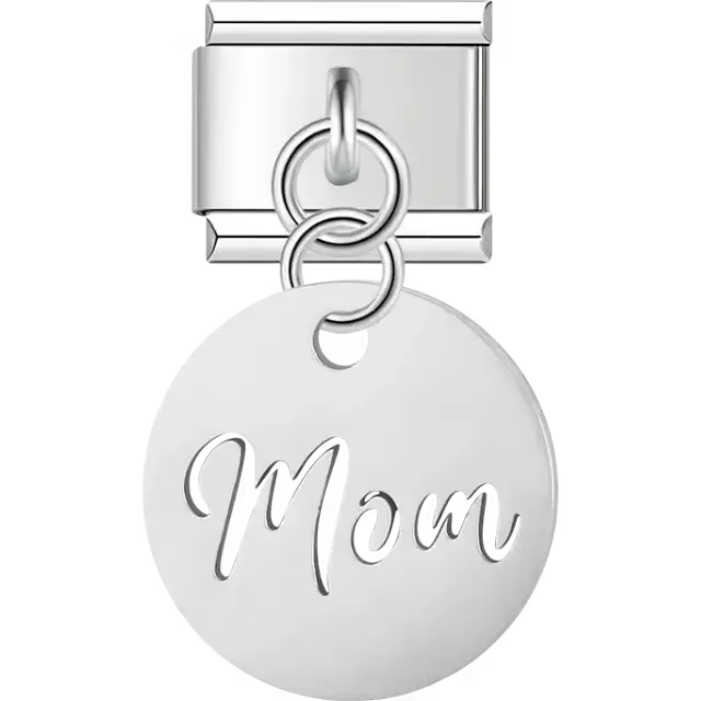 Round disc with "Mom" script engraving on dangle medal Italian charm bracelet link