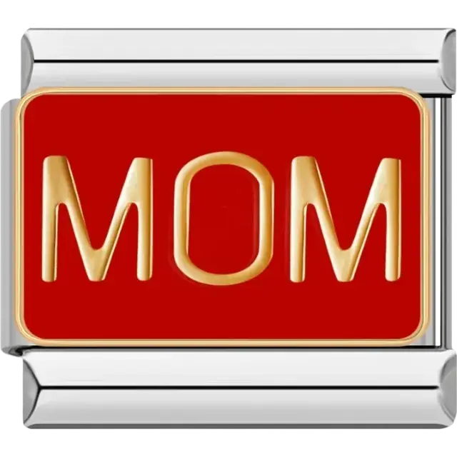 “Mom” gold text on red background Italian charm bracelet link